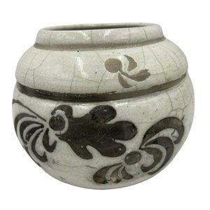 Vintage Raku Fired Charred Art Pottery Vase Planter Cream Brown Whimsical Design
